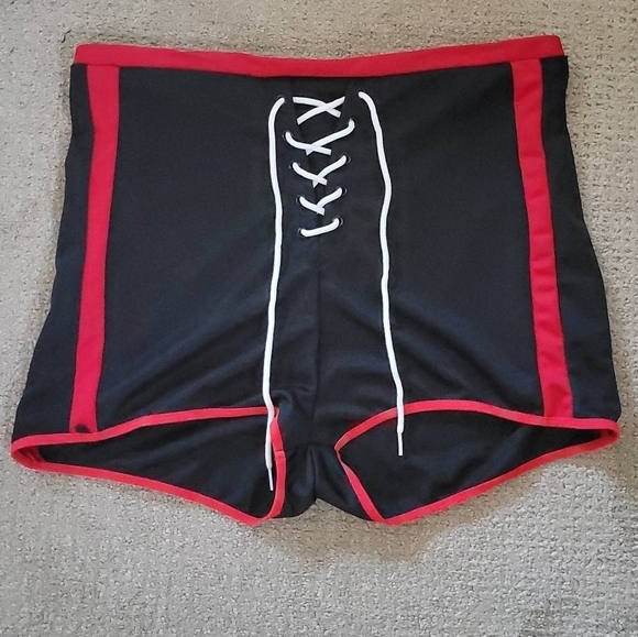 Dolls Kill 1/2 of Cheerleader Costume High Waist Lace Up Two Tone Mini Shorts - Picture 7 of 10